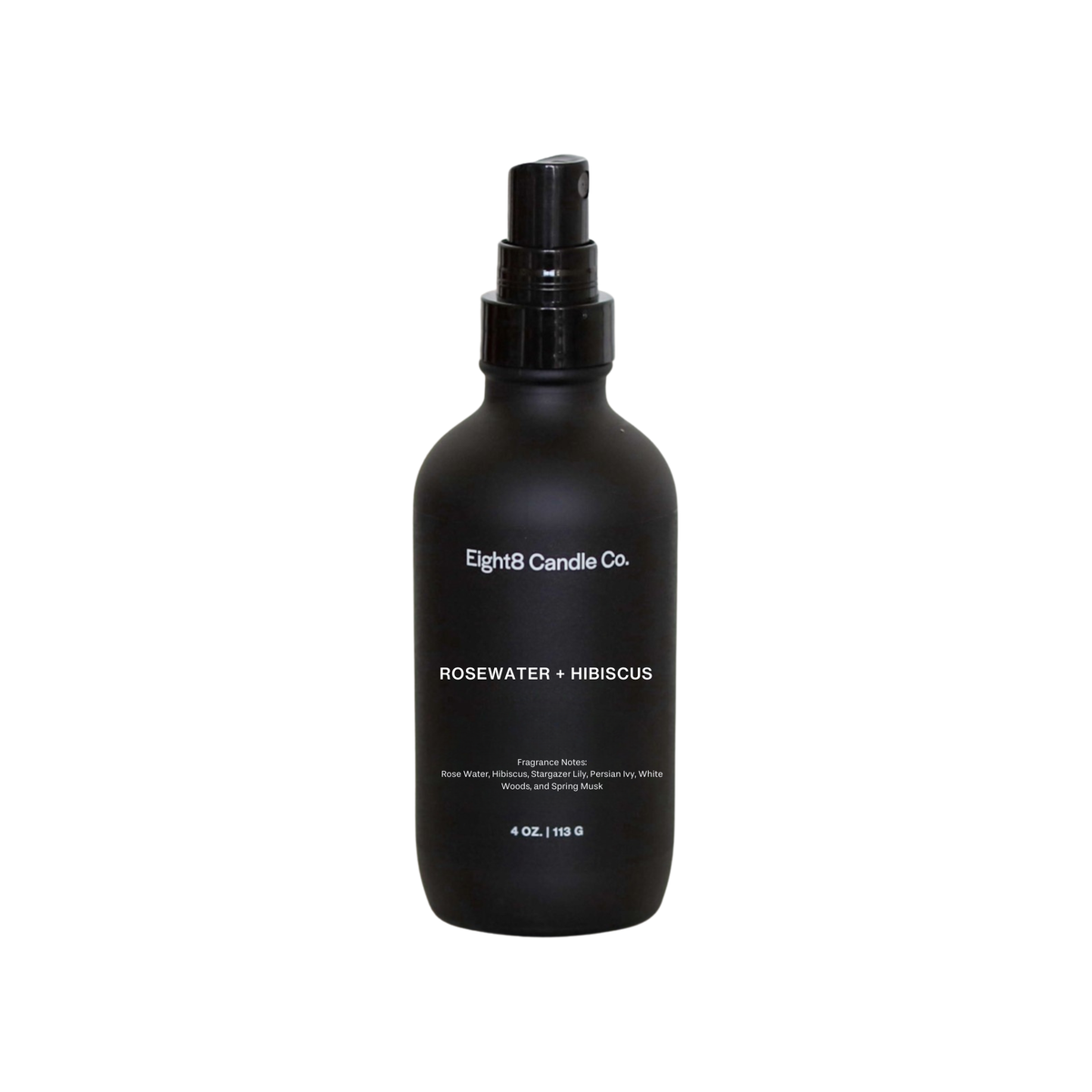 Black bottle of Eight8 Candle Co. fragrance with 'Rosewater + Hibiscus' scent on a white background